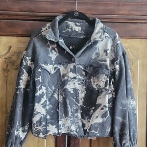 POL Gray and White Tie-Dye Jean Jacket